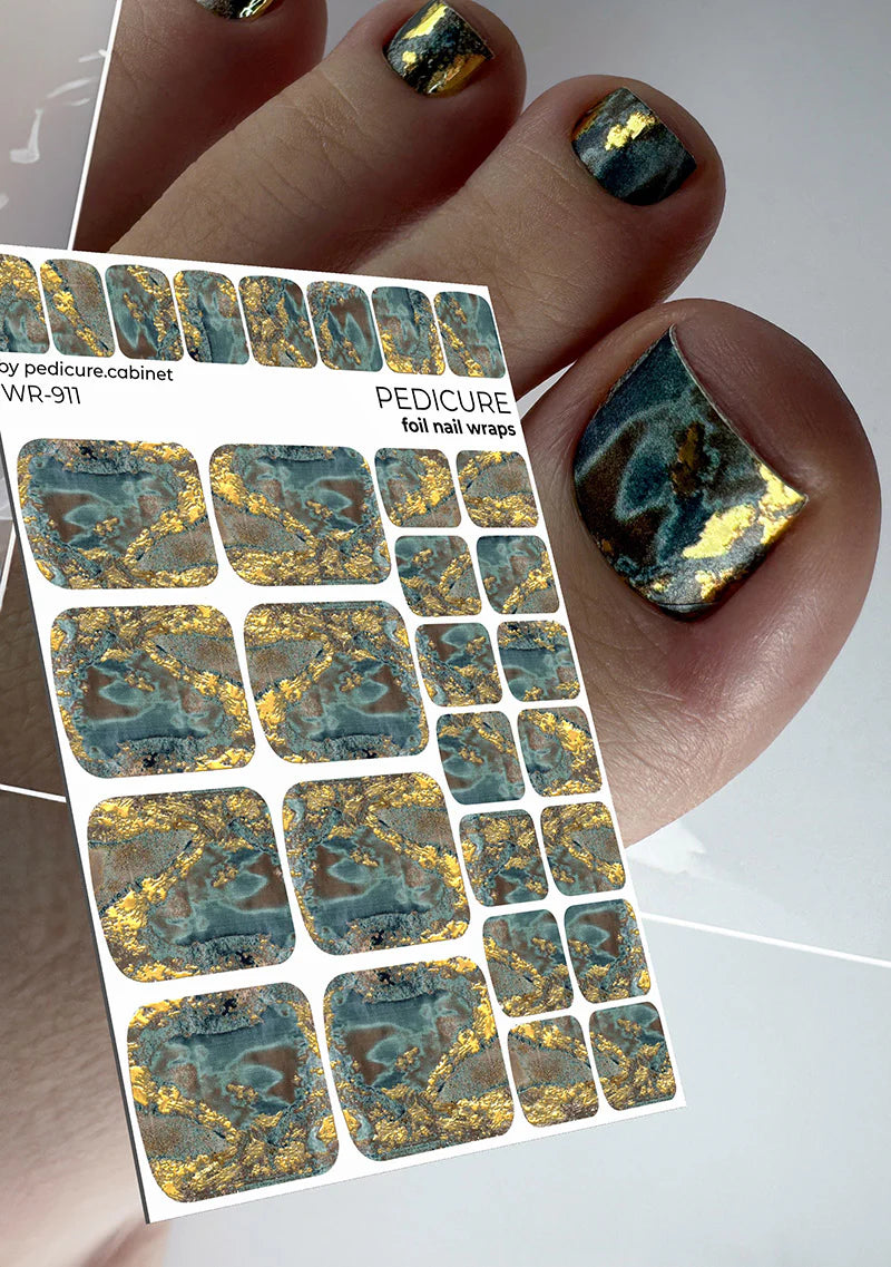 Wraps Pédicure Velours Émeraude Feuille d’Or WR-911